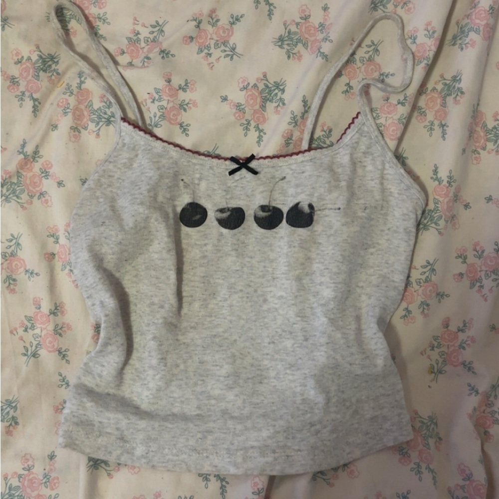 Garage Heather Gray Cropped Tank Top With Cherries And Red Lace Trim